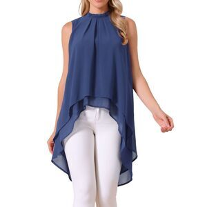 Casual Tie Back Asymmetrical Sleeveless Mock Neck Flowy Blouse Dark Blue